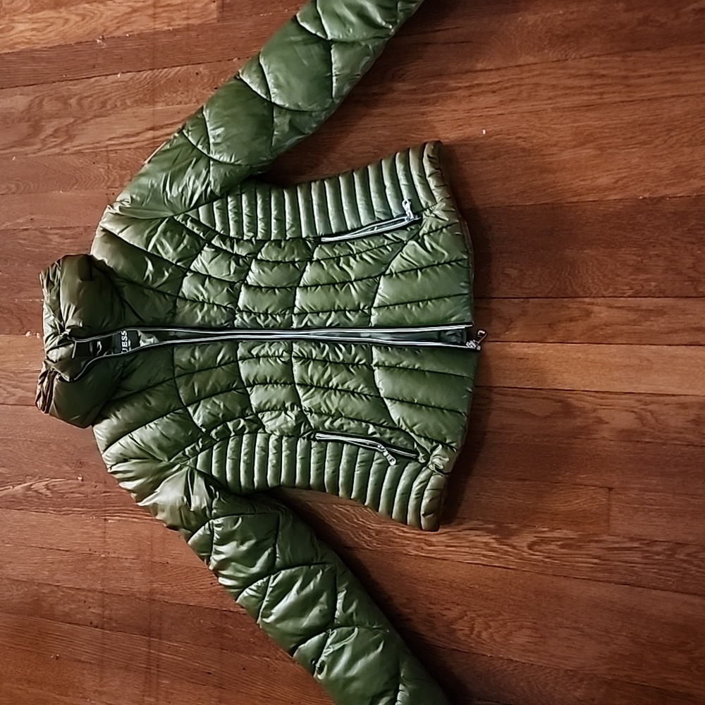 Puffer jacket, olive green, shoulders 15, pit to pit 18. Bottom 19 length 24.